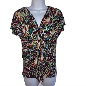 Chaus Stretch Gathered Front Short Sleeve Multi Colored Top S Black Red Blue